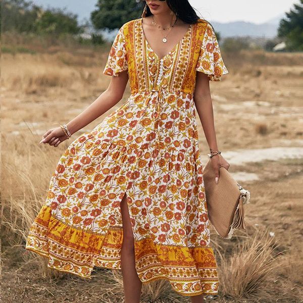 

casual dresses 40# women flowy dress boho floral printed holiday long v-neck short sleeve bohemian ruffle swing, Black;gray