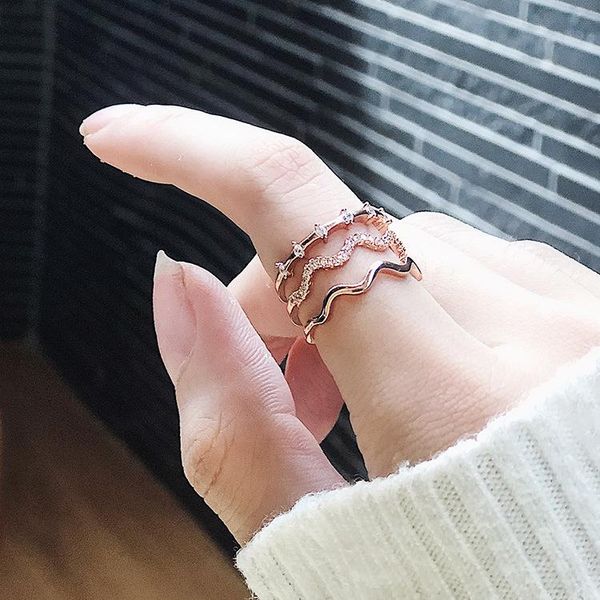 

cluster rings korean rose gold & silver color zircon multilayer wave adjustable open index finger for women wedding engagement jewelry, Golden;silver