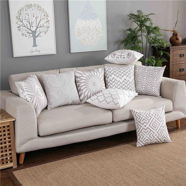 

cushion/decorative pillow home decor emboridered cushion cover light grey geometric canvas case cotton suqare embroidery 45x45cm