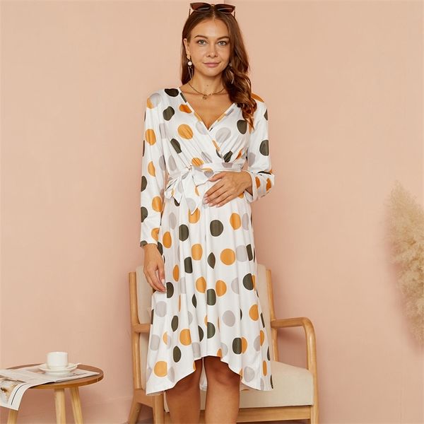 ChegadaMaternidade Pescoço V-Polka Dot Full Print Joelho Comprimento x Vestido de Enfermagem de Manga Longa 210528