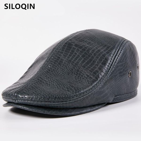 

berets siloqin autumn winter thermal earmuffs hat natural genuine leather caps men's plus velvet warm sheepskin hats, Blue;gray