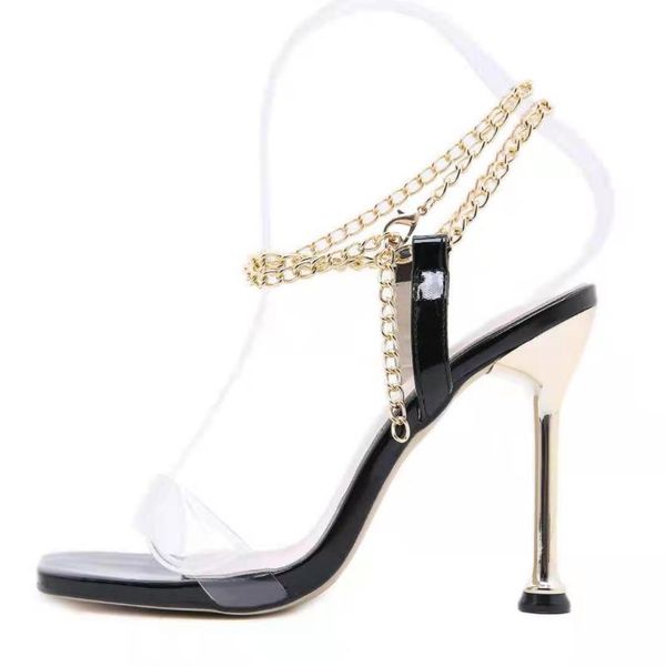 

summer thin high heels women's shoes fashion metal chain decoration outdoor party cross-tied retro head peep toe sandals, Black