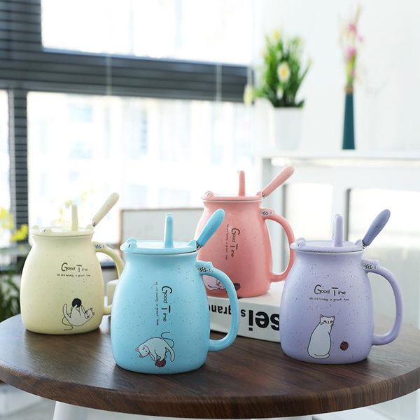 

mugs milk cup, ceramic breakfast mug with spoon, cartoon couple coffee opening gift cup printing