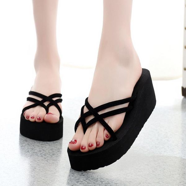 

slippers leisure with high heels women slipper all-match fashion 2021 out-door lady flip-flops woman beach shoes, Black