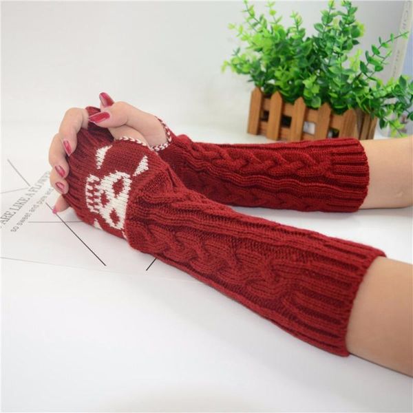 

five fingers gloves outdoor sports riding warm personality skull mid-length knitted sleeves half finger arm warmers men and women, Blue;gray
