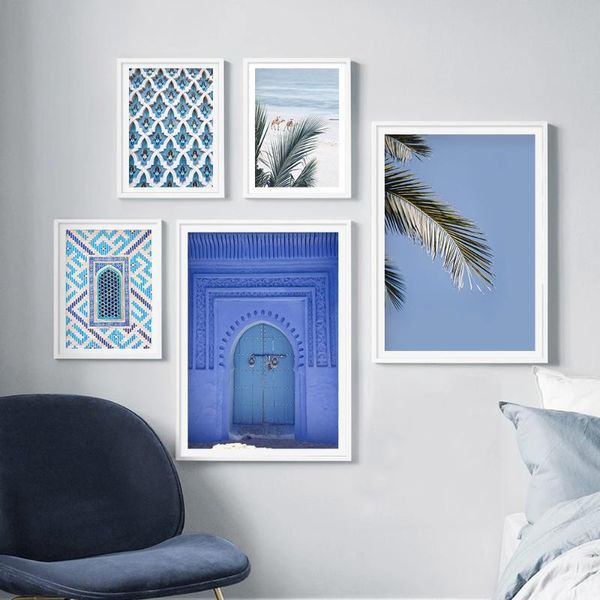 

paintings boho poster beach palm leaf camel wall art blue moroccan coastal canvas painting scandinavian prints pictures living room decor