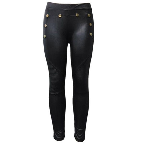 

women's pants & capris black women pu leather pantalones mujer push up vintage pantalon femme plus size button trousers, Black;white
