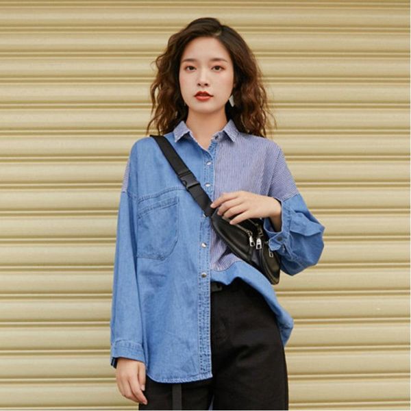 

women's blouses & shirts lanmrem 2021 spring fashion women lapel denim shirt korea loose hit color stripe office lady wild blouse tide, White