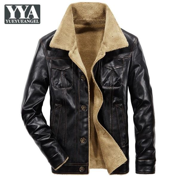 

men's fur & faux men winter leather jacket warm fleece lapel plush warmth pu fashion slim single breasted mens outerwear, Black