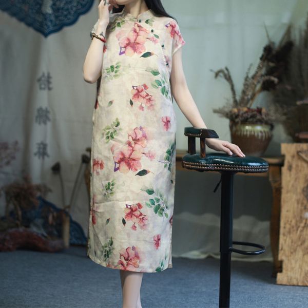 

johnature women vintage ramie dresses stand short sleeve print floral cheongsam summer a-line female dress 210521, Black;gray