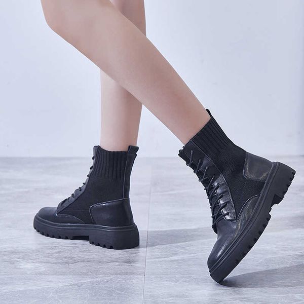 

fashion martin boots women's 2021 autumn and winter british style short leather thick soled socks motorcycle, Black