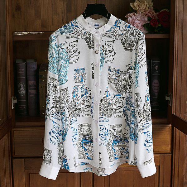 

women's blouses & shirts chique ol elegant long sleeves the-neck fashions printed vintage shirt c046, White