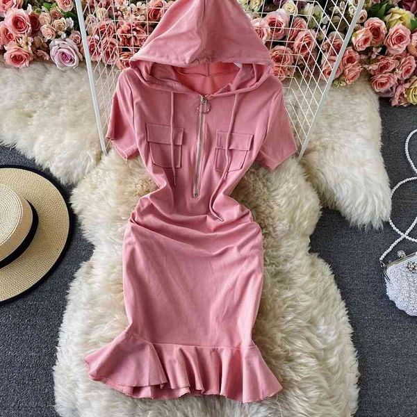 

casual zipper bag hip fishtail dress summer fashion solid color hooded waist ruffled short-sleeved mini for womens 210420, Black;gray