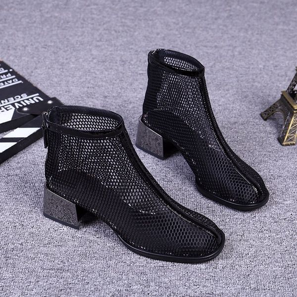 

spring / summer mid heel hollow mh back zipper breathable thick high sho, Black