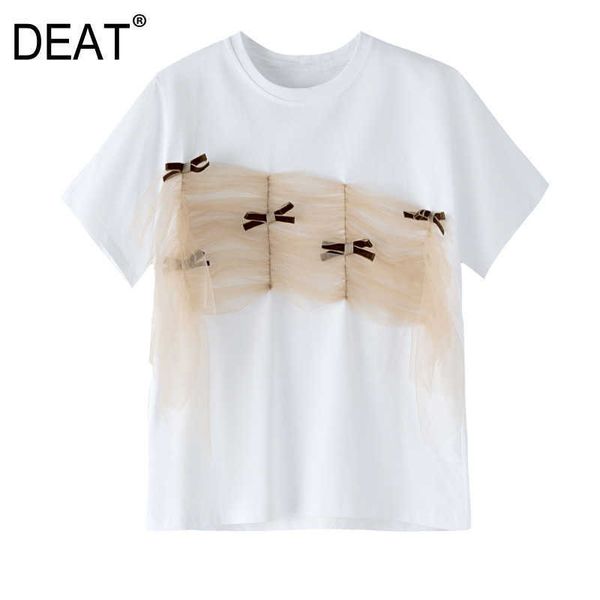 

[deat] loose thin stitching pleated mesh temperament bow short sleeve t-shirt fashion women summer 13d028 210527, White