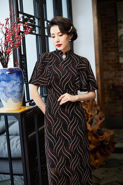 

ethnic clothing women flocking long qipao aodai cheongsamst vintage button chinese dress elegant mandarin collar vestidos oversize 4xl, Red