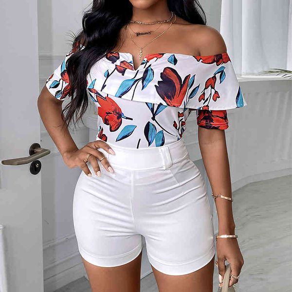 

summer fashion floral digital printing off-shoulder ruffled short sleeve & solid short pant two piece set pant set 210521, White