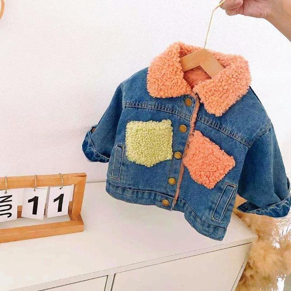 

jackets winter warm children girls denim jeans lapel collar thicken fleece overcoats kids outerwear coats casaco, Blue;gray