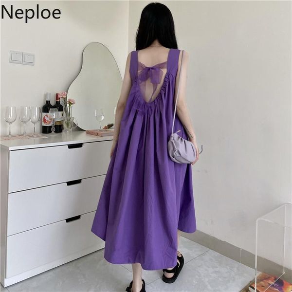 Neploe Maxi Dresses for Women Korean Temperament Robe Square Collar Sleeveless Dress Sexy Bow Backless Loose Vestidos 95412 210422