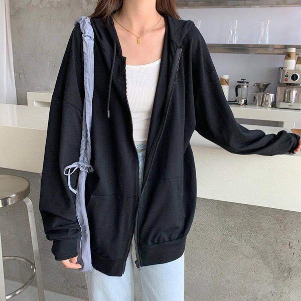 

women's hoodies & sweatshirts loose with long sleeves, sun protection jcket koren version hrjuku, retro solid color nd hoodie for zb21, Black