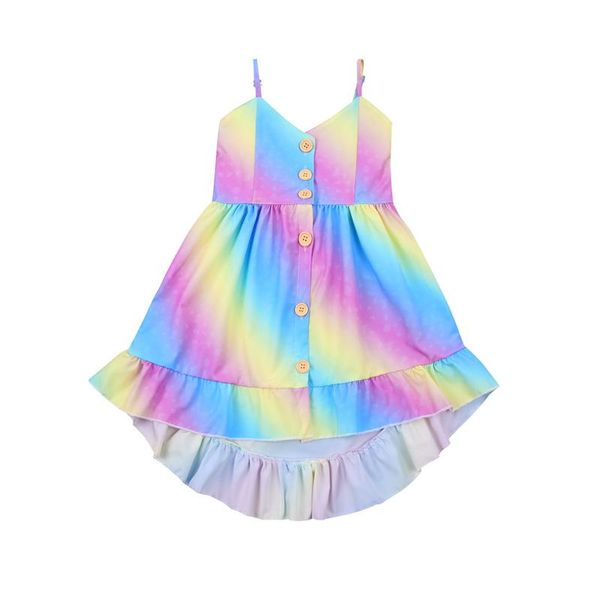 

girl's princess dress, children's rainbow printing button v-neck adjustable spaghetti straps ruffled hem skirt for summer dresses, Red;yellow