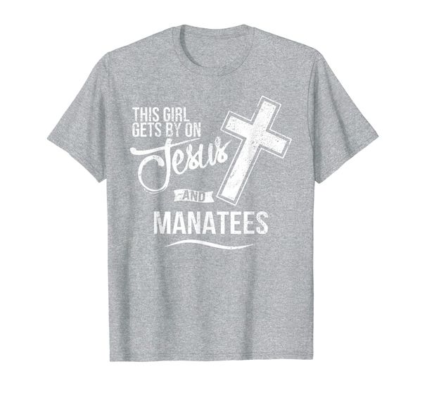 

this girl gets by on jesus and manatees religious manatee t-shirt, White;black