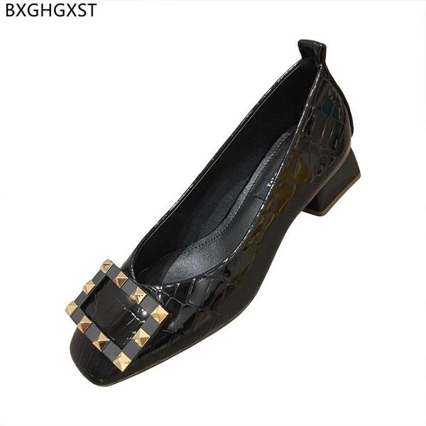 

dress shoes black slip on low heels for women 2021 square toe patent leather block korean woman zapatos