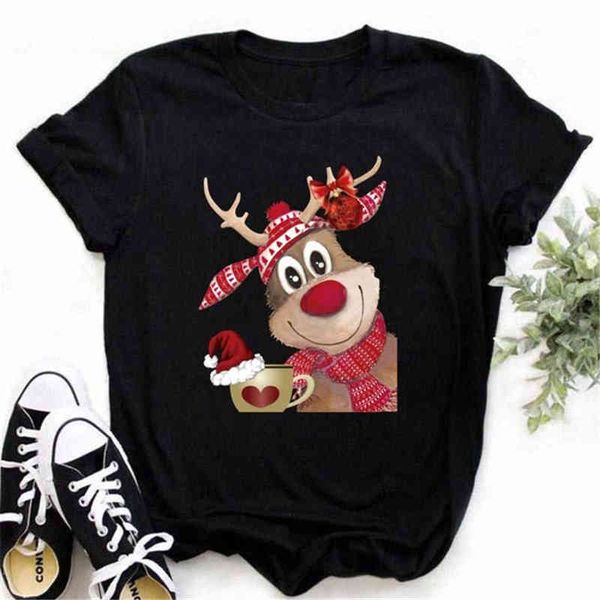 

cartoon printed christmas new year t-shirt, harajuku women's wear, White