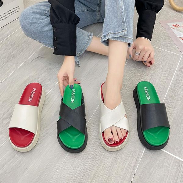 

slippers shoes flat slides med platform slipers women shale female beach 2021 soft sabot fabric pu cotton beac, Black