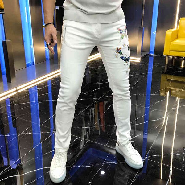 

jean autumn fashion white elastic jeans butterfly offset impression mid waist small leg pants for man, Blue