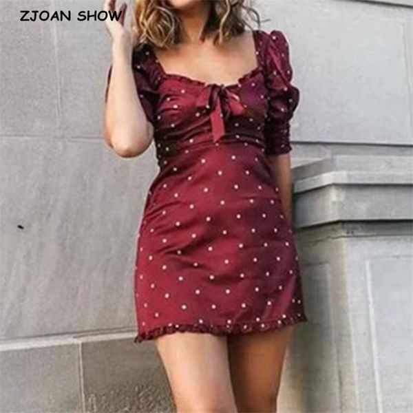 Vintage Şarap Kırmızı Polka Dot Saten Elbise Kadınlar Seksi Zarif Şifon Kulübü Parti Elbiseler Kore Vestidos 210429