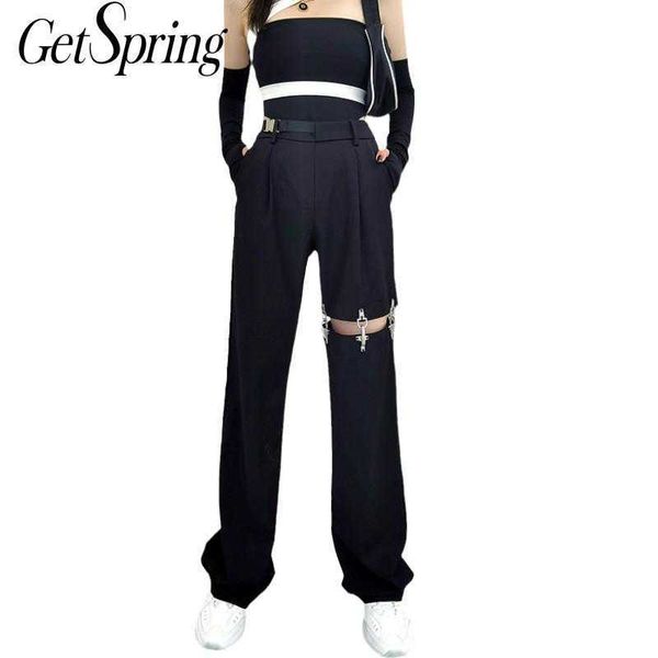 

getspring women pant patchwork hollow out suit pants irregular high waist wide leg fashiontrousers 210601, Black;white