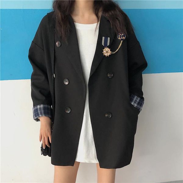 

women's suits & blazers 2021 spring and autumn women suit coat college style loose fashion stitching mid-length long-sleeved blazer, White;black