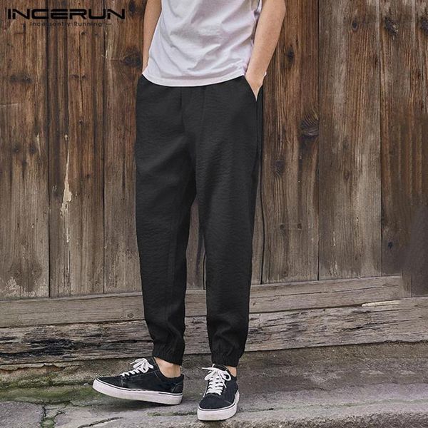 

solid color casual pants men elastic waist streetwear vintage joggers pockets harem trousers 2021 leisure long incerun men's, Black