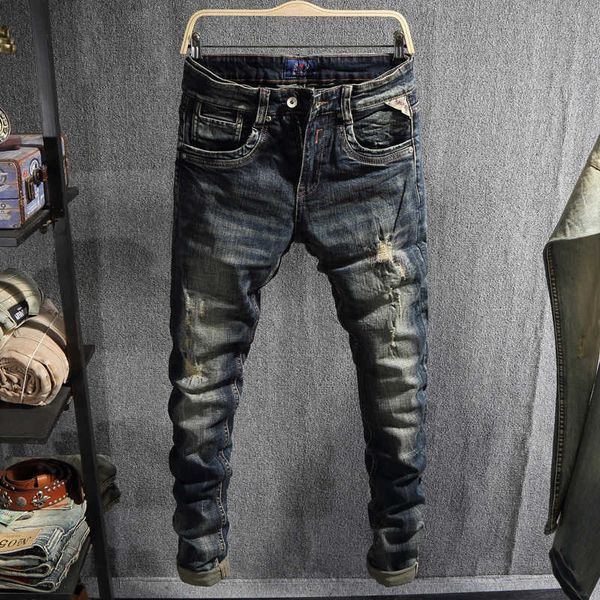

men's jeans ly designer fashion men retro black blue slim fit ripped denim vintage cotton distressed trousers tyuc 2574