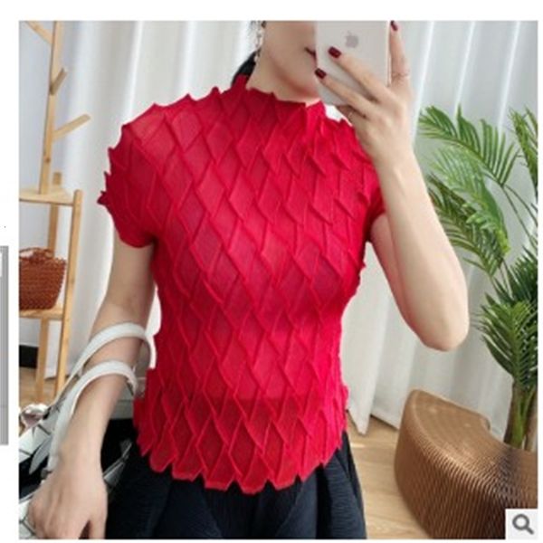 

knits miyake solid short sleeve fashion fold stand collar slim fit t-shirts, White