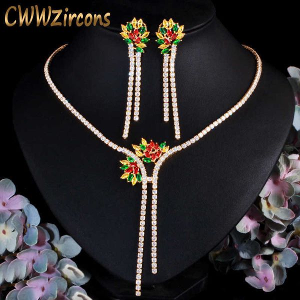 

multi color cz flower long drop necklace and earring wedding jewelry sets for women african nigerian gold t5 210714, Silver