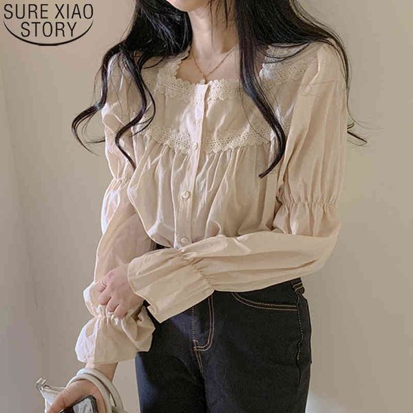 

fashion square collar flare long sleeve vintage lace blouse women cardigan apricot shirt ladies blusas 10955 210417, White