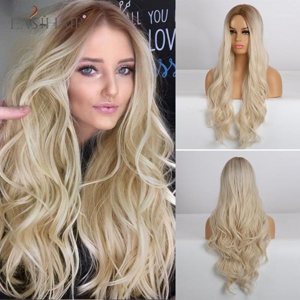 

long wavy brown to beige ombre natural hair wigs middle part heat resistant synthetic for women cosplay party1, Black