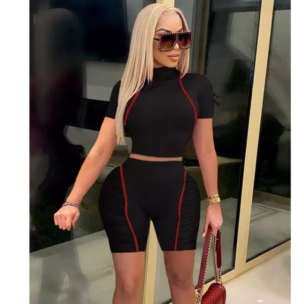 

women's tracksuits ufoa 2021 summer casual fashion spliced round collar short sleeve elastic waist shorts personality 2 pieces set, Gray
