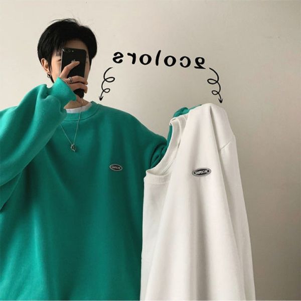 

mens sweater simple and versatile round neck sweater men's autumn winter style plush thickened loose junior student bottoming top, Black