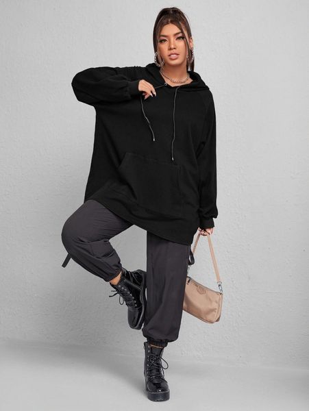 

plus raglan sleeve drawstring hoodie z81h#, Black