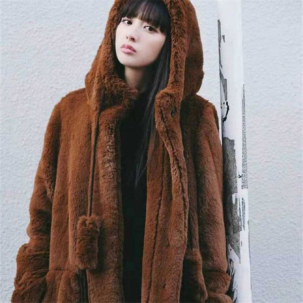 

women's leather & faux long section fur coat female winter fashion thickening large size hooded sleeve warm imitation tide ch50, Black