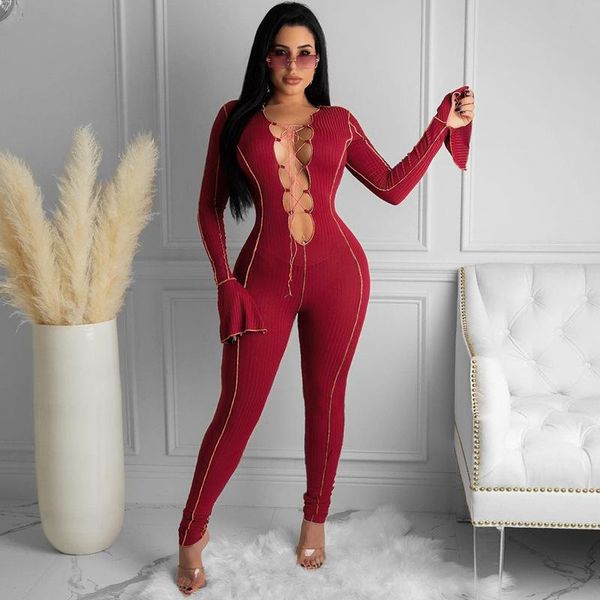 

women's jumpsuits & rompers red lace up hollow out flare sleeve jumpsuit women v-neck bodycon playsuit fitness clubwear party outfits, Black;white
