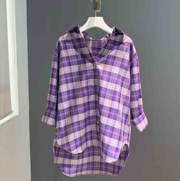 

sweaters women purple plaid blouse lady single-breasted loose fashion casual shirt and 2021, White;black