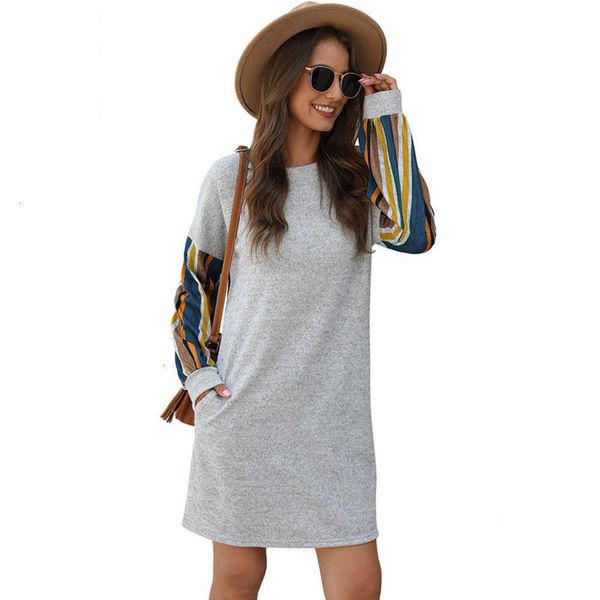 

dresses women's colorful casual stripe stitching round neck loose drs, Black;gray