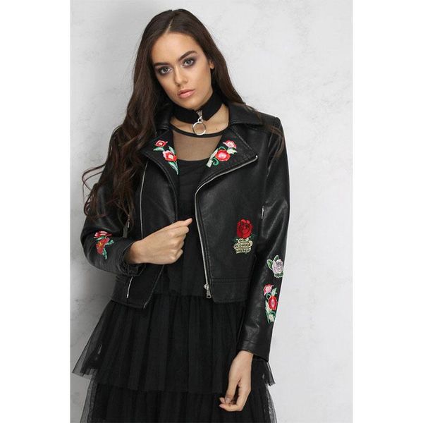 

women's jackets spring slim cool short faux soft leather jacket women fashion zipper motorcycle ladies flower embroidery pu 207, Black;brown