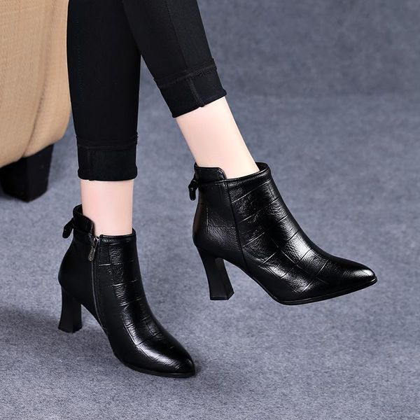 

2022 women high heeled ankle boots pointed toe winter shoesside zippointed toe short botasbritish styleblackdropshipping, Black
