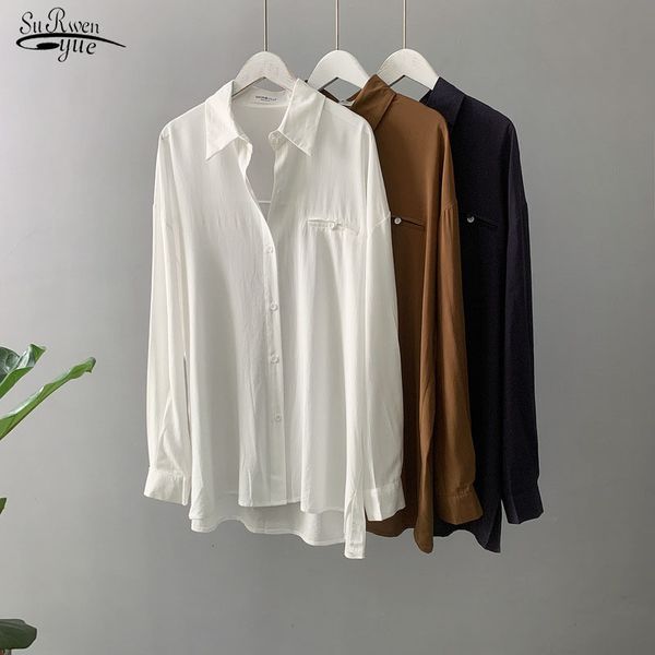 

women solid long sleeve chiffon blouse casual korean loose button cardigan shirts feminina blusa 11289 210521, White
