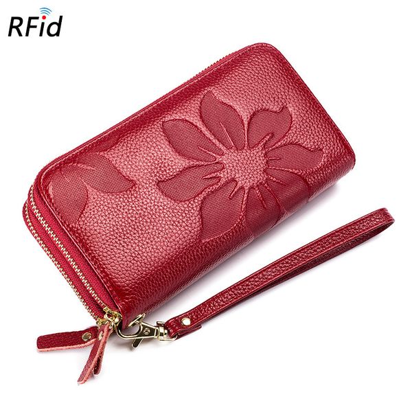 

women genuine leather double zipper long wallets ladies embossing large capacity long style cowhide phone money bag wallet